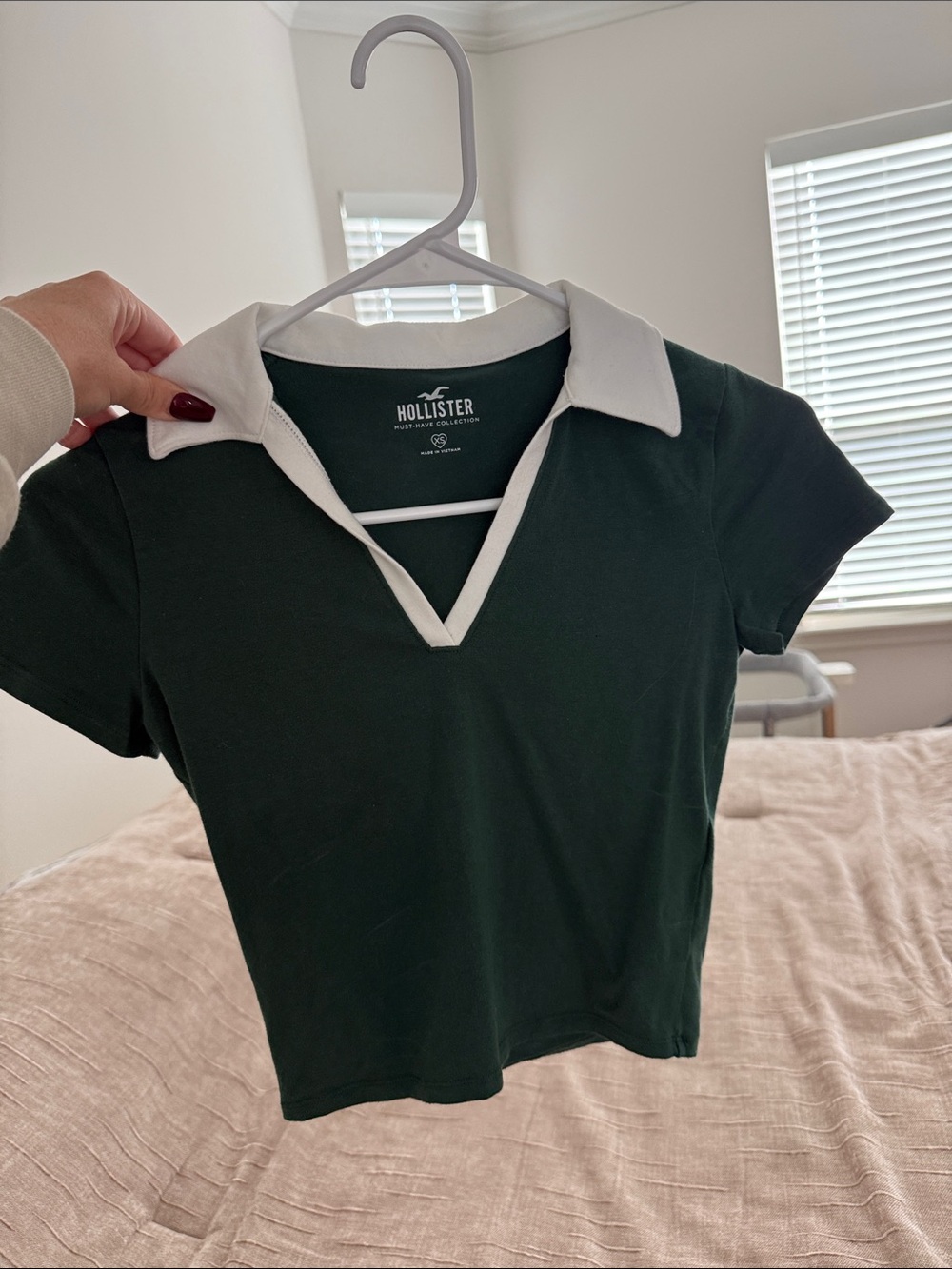 Hollister Dark Green Short Sleeve Polo Crop Top with White Trim